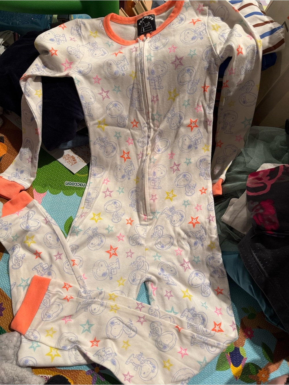 White and orange Snoopy peanuts One-Piece Pajamas with Coral Trim cotton size 9